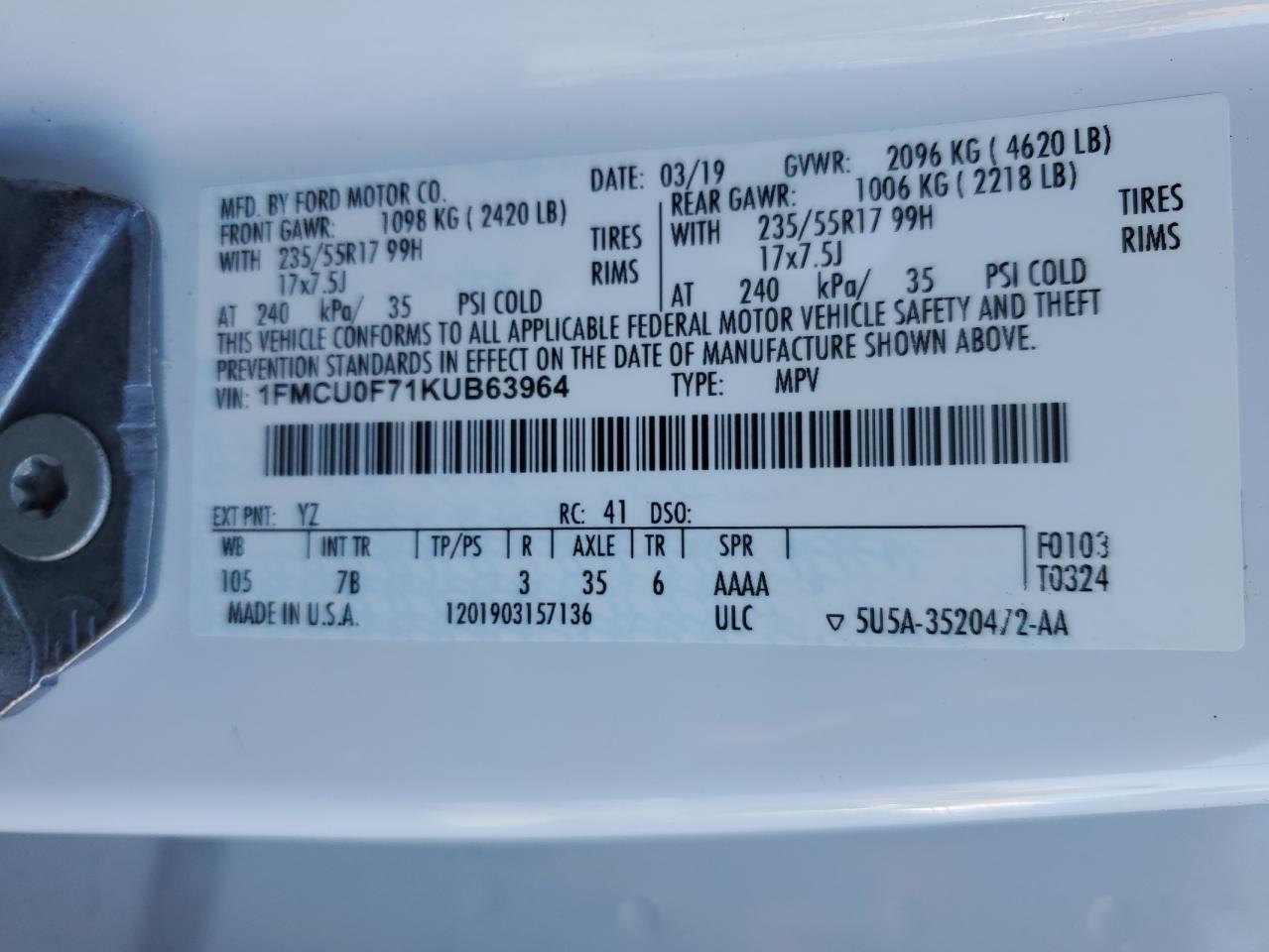 2019 Ford Escape S VIN: 1FMCU0F71KUB63964 Lot: 63924774