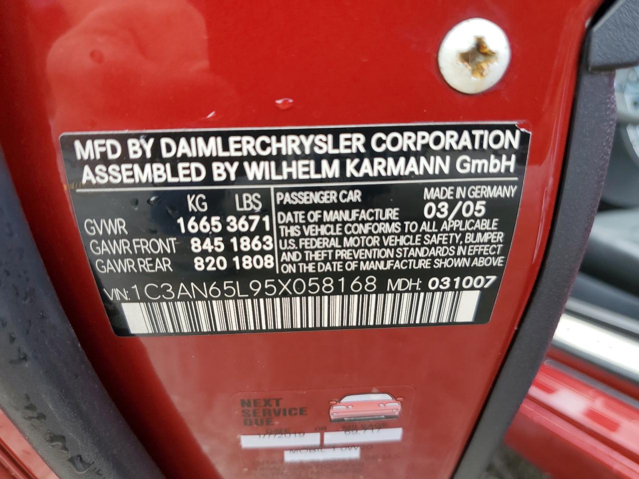 2005 Chrysler Crossfire Limited VIN: 1C3AN65L95X058168 Lot: 61836274