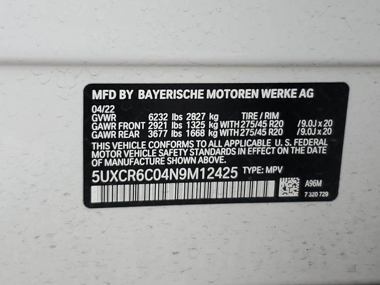 2022 BMW X5 xDrive40I VIN: 5UXCR6C04N9M12425 Lot: 64173314