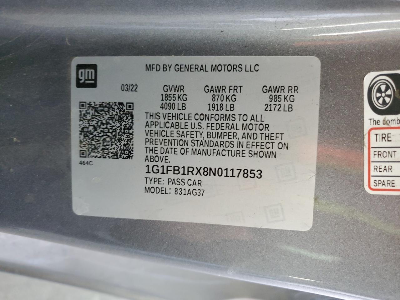 2022 Chevrolet Camaro Ls VIN: 1G1FB1RX8N0117853 Lot: 61937974