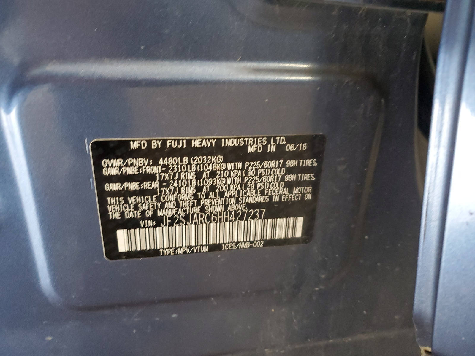 JF2SJARC6HH427237 2017 Subaru Forester 2.5I Limited