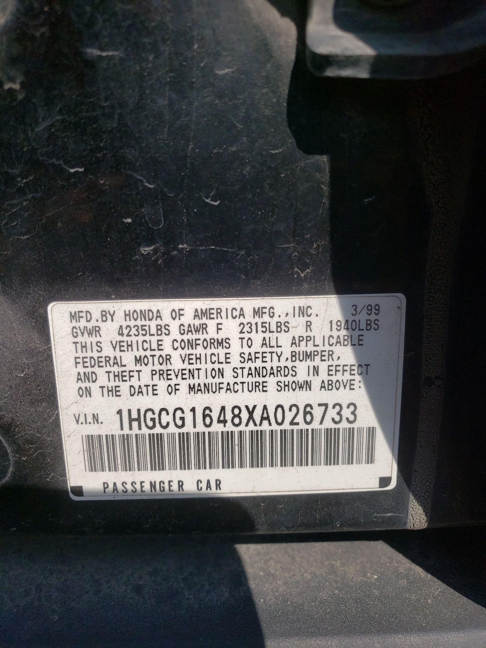 1HGCG1648XA026733 1999 Honda Accord Lx