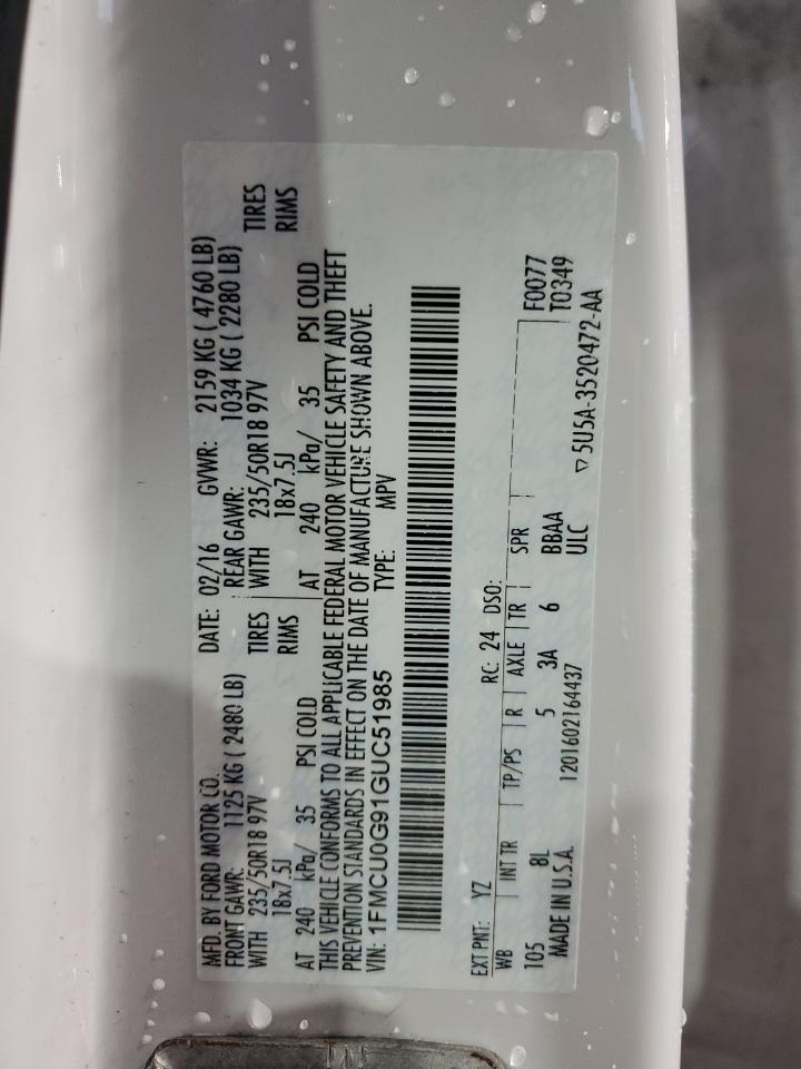 2016 Ford Escape Se VIN: 1FMCU0G91GUC51985 Lot: 63777734