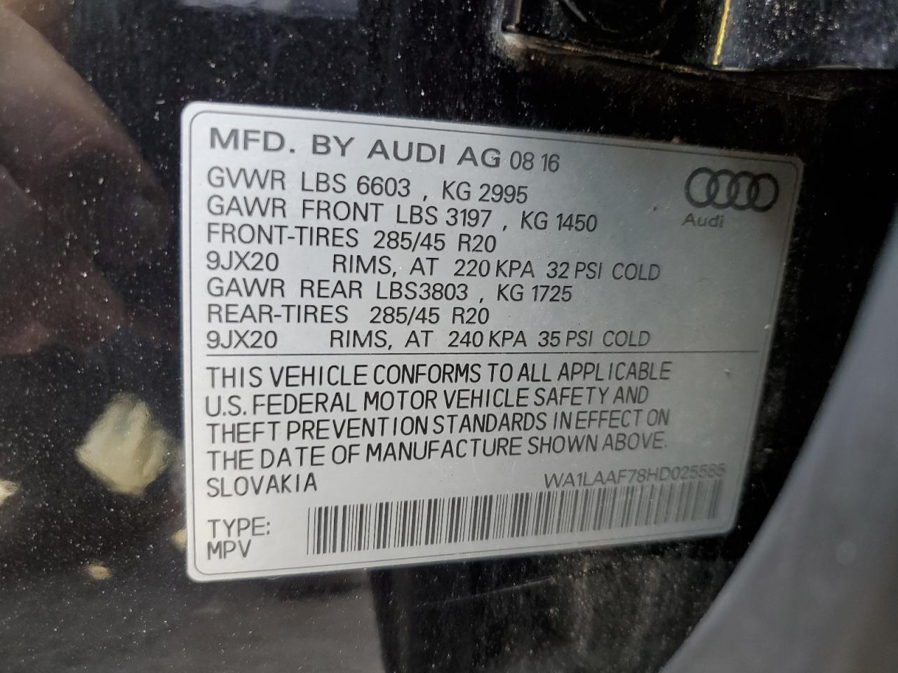 2017 Audi Q7 Premium Plus VIN: WA1LAAF78HD025585 Lot: 63380724