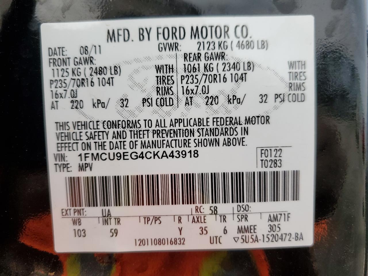 2012 Ford Escape Limited VIN: 1FMCU9EG4CKA43918 Lot: 64547554