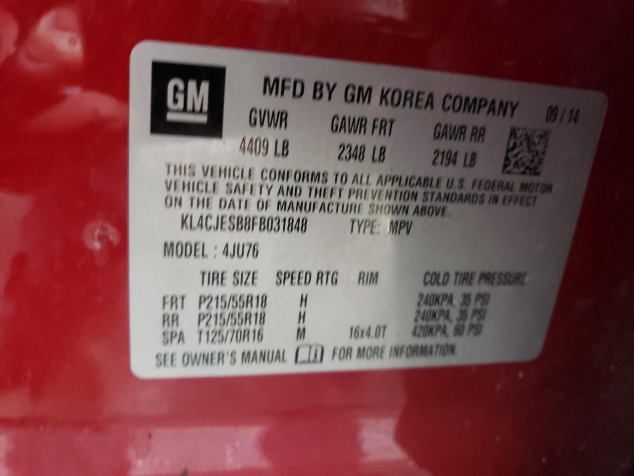 2015 Buick Encore VIN: KL4CJESB8FB031848 Lot: 64965114