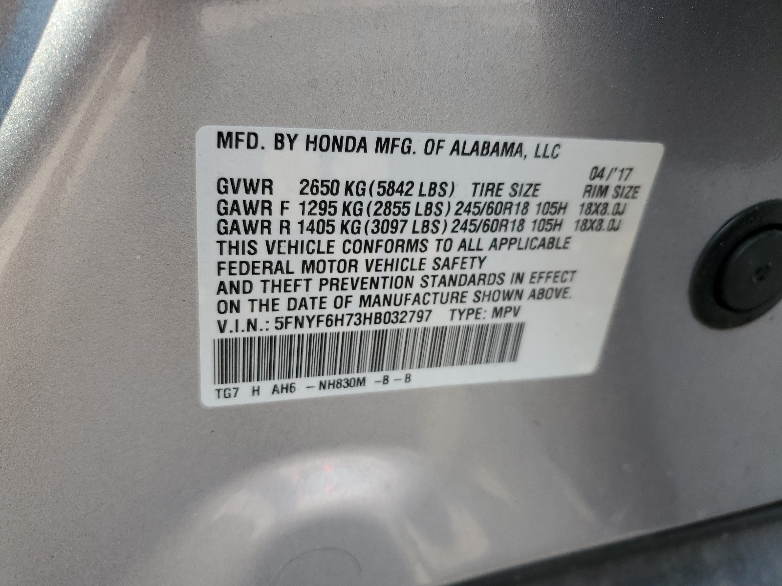 5FNYF6H73HB032797 2017 Honda Pilot Exln