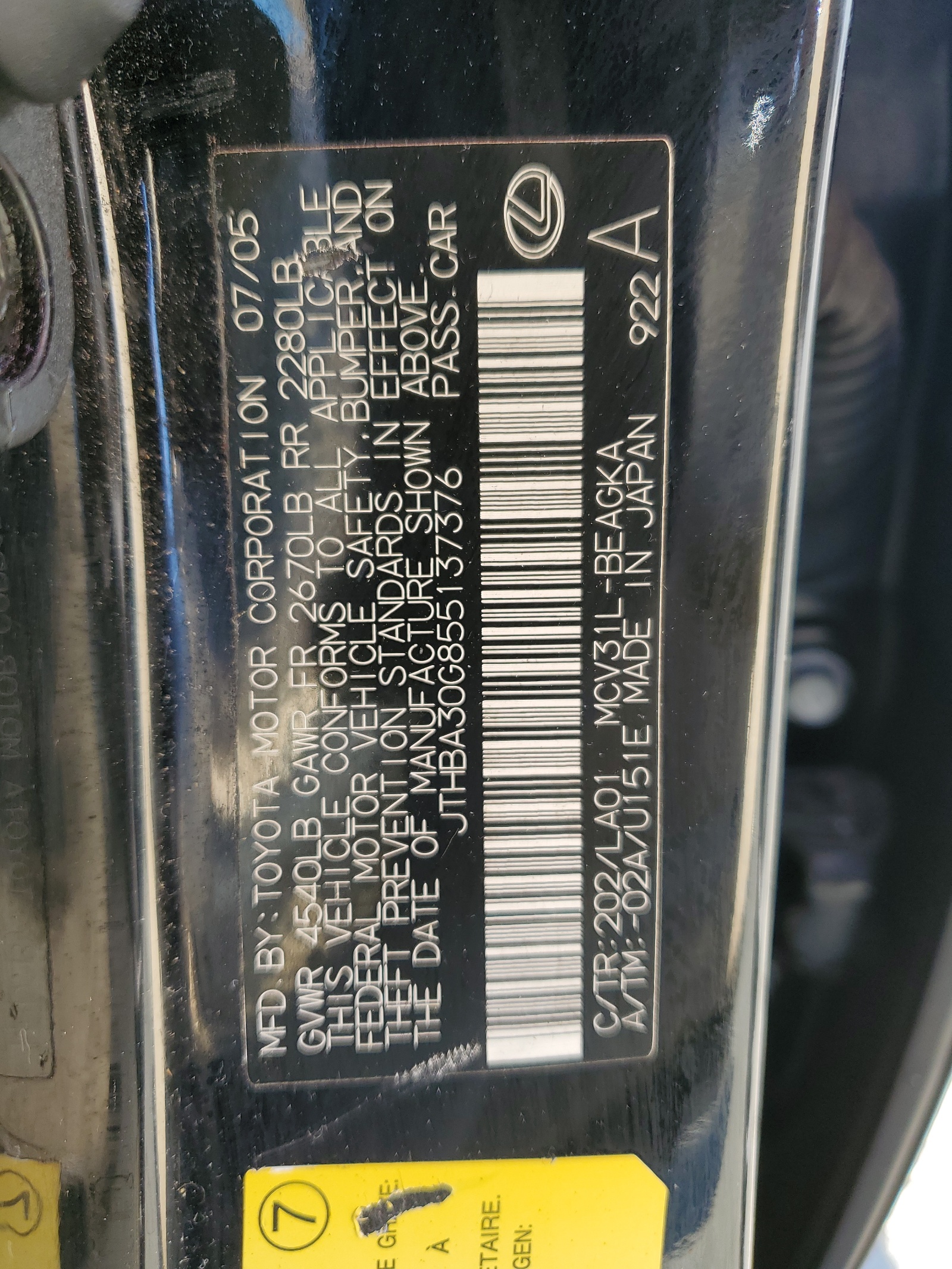 JTHBA30G855137376 2005 Lexus Es 330