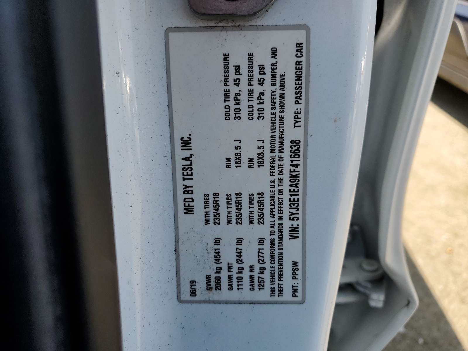 5YJ3E1EA9KF416638 2019 Tesla Model 3