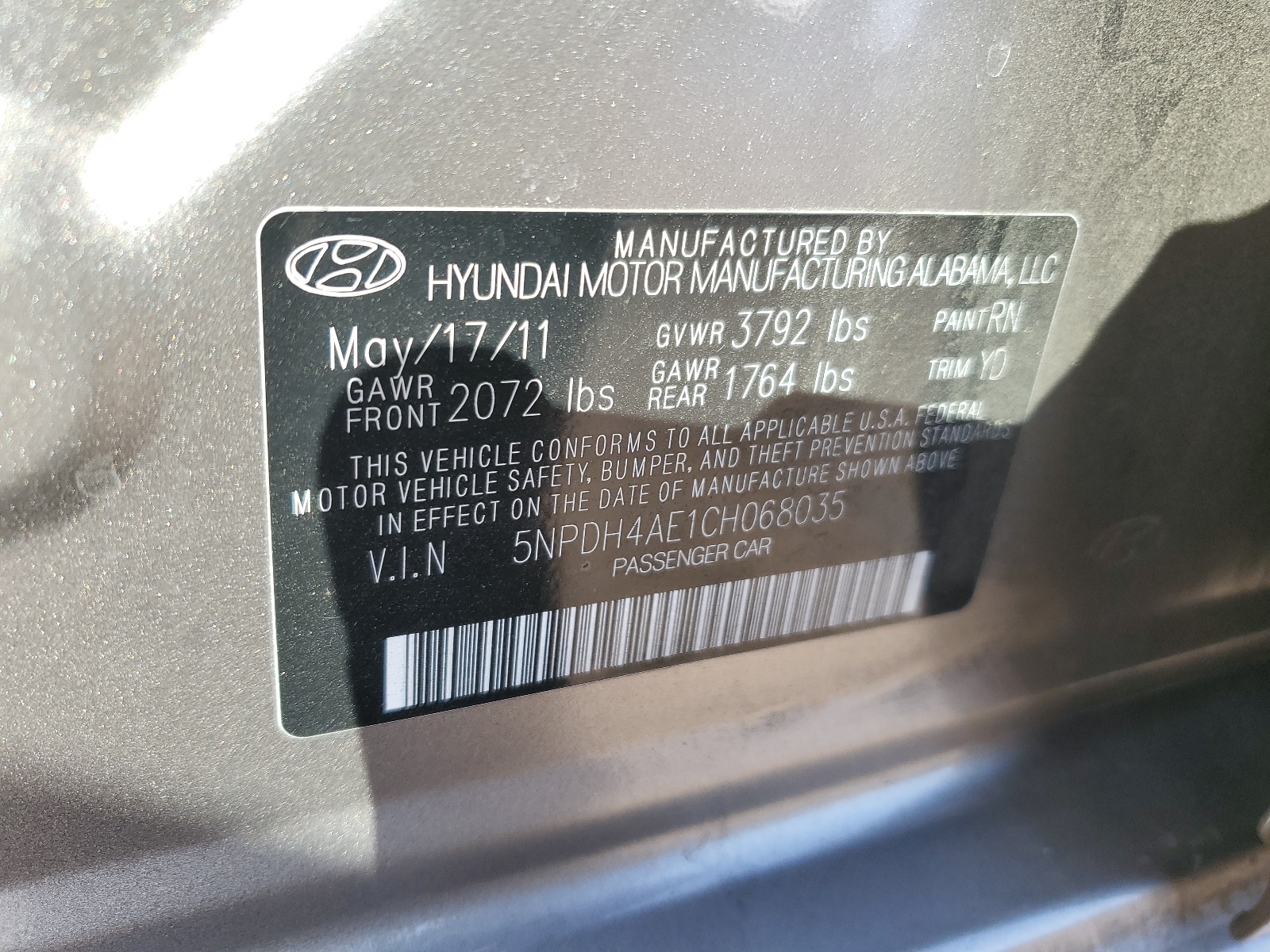5NPDH4AE1CH068035 2012 Hyundai Elantra Gls