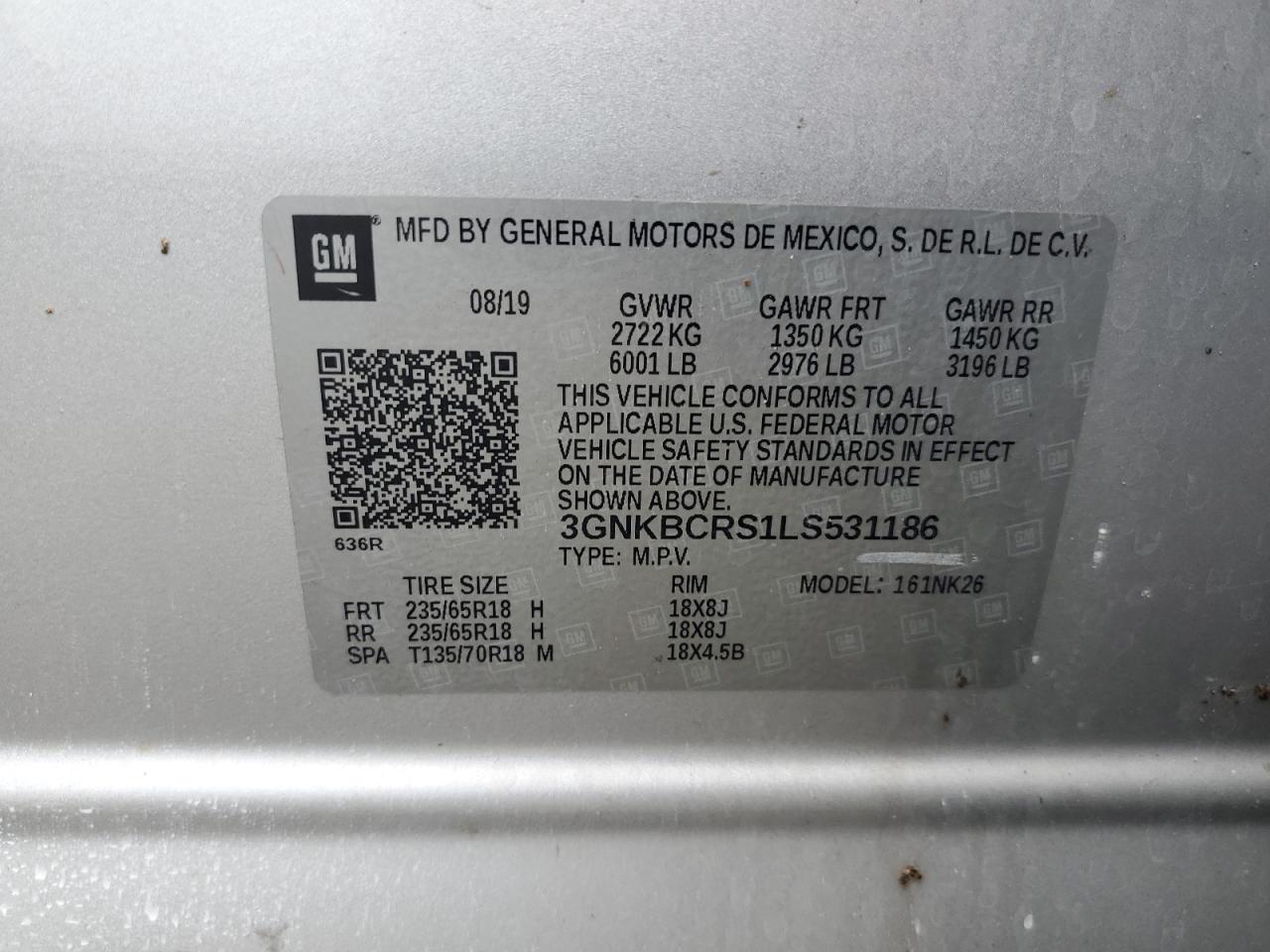 2020 Chevrolet Blazer 2Lt VIN: 3GNKBCRS1LS531186 Lot: 62841794