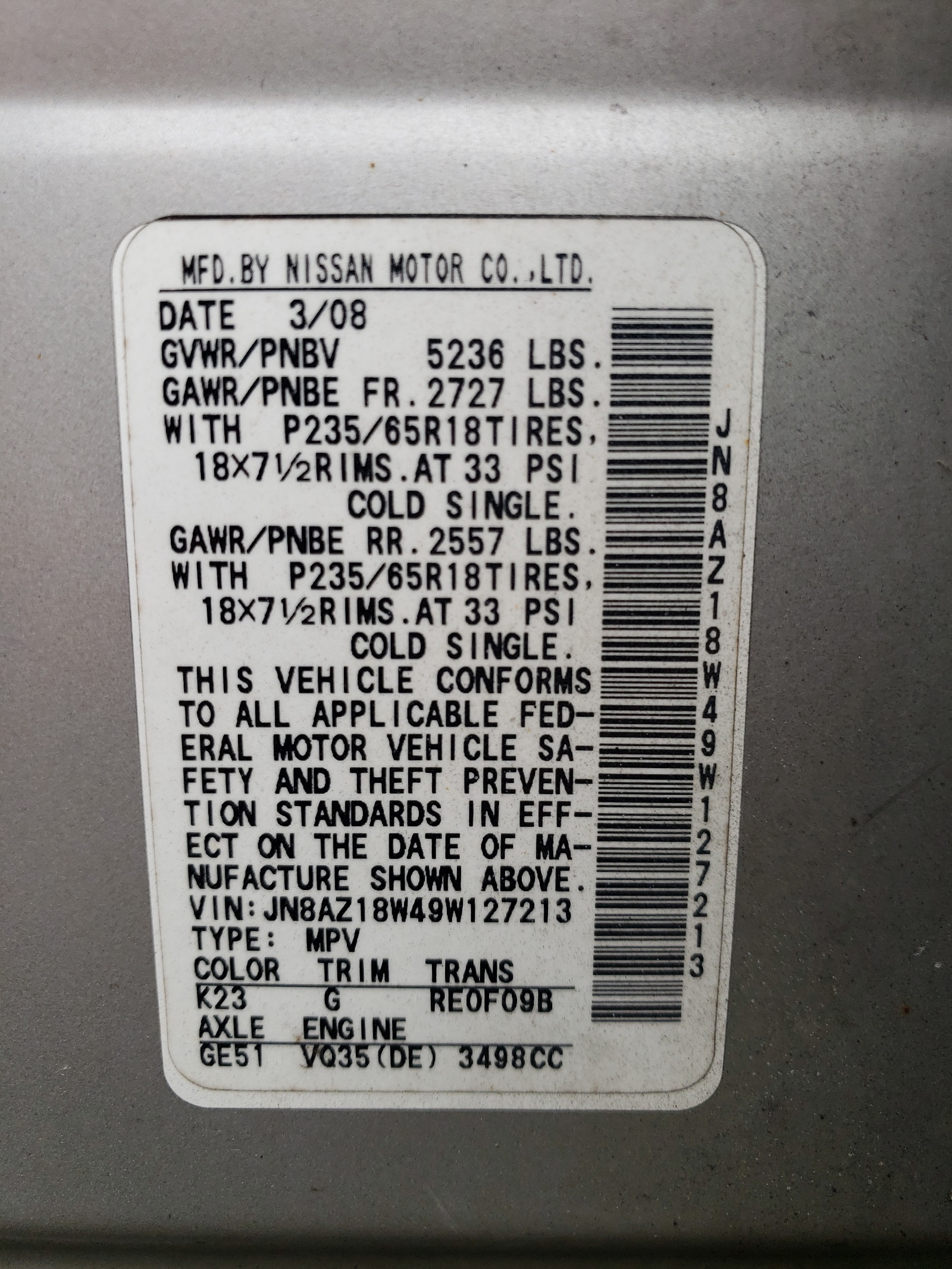 JN8AZ18W49W127213 2009 Nissan Murano S