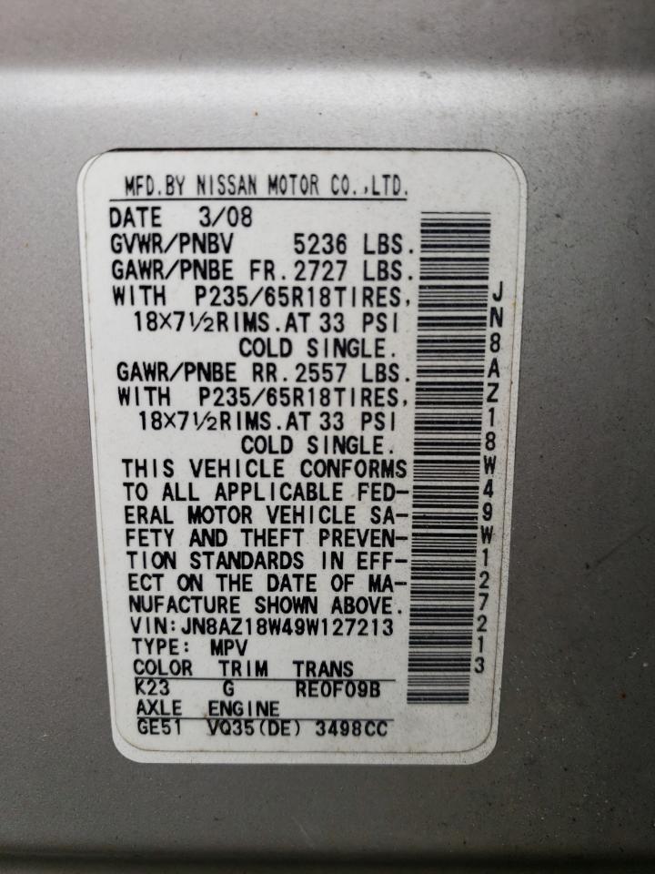 2009 Nissan Murano S VIN: JN8AZ18W49W127213 Lot: 64616144