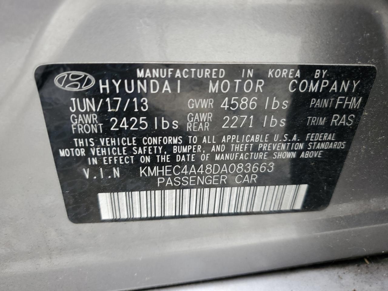 2013 Hyundai Sonata Hybrid VIN: KMHEC4A48DA083663 Lot: 63634564