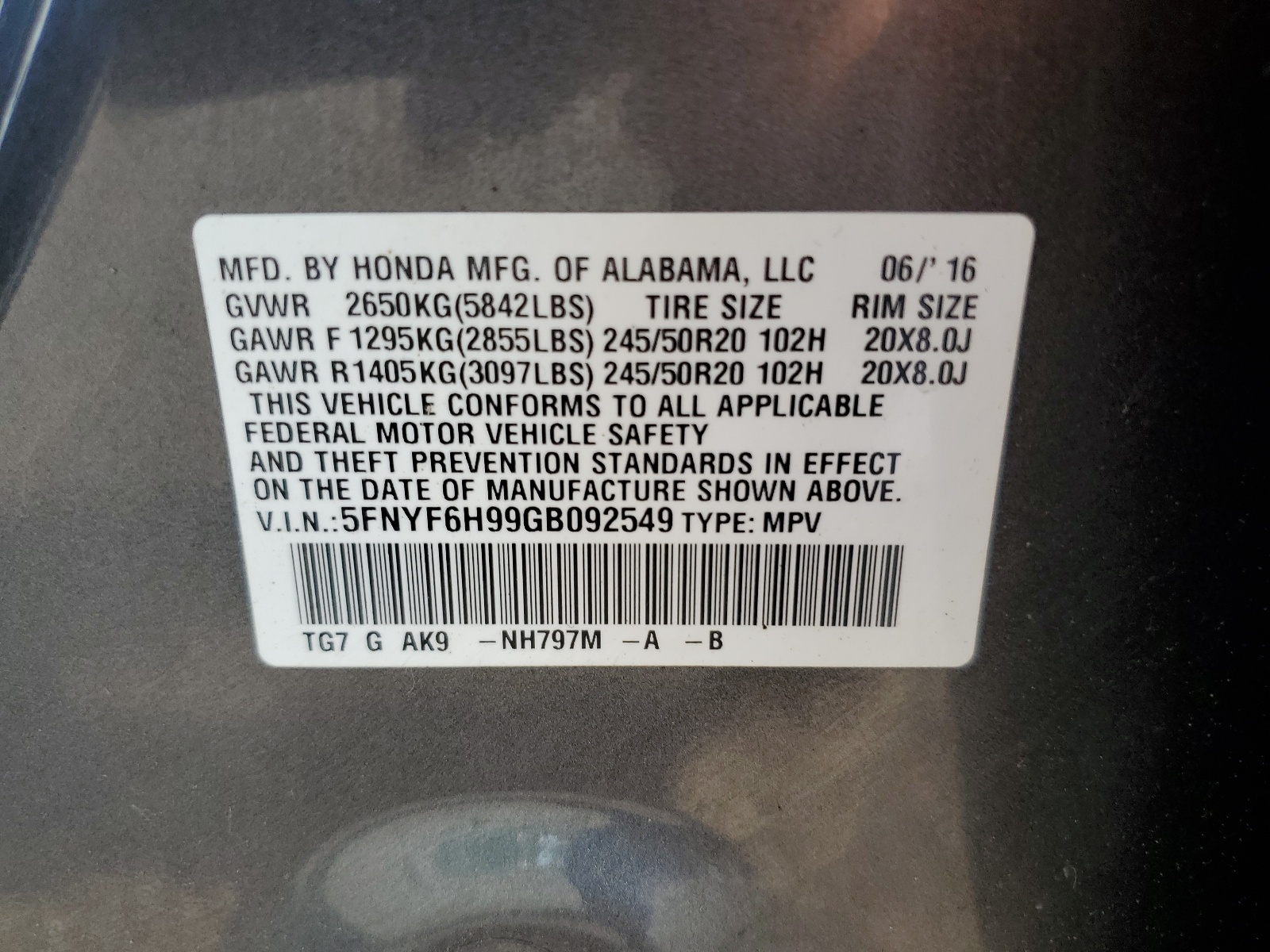 5FNYF6H99GB092549 2016 Honda Pilot Touring