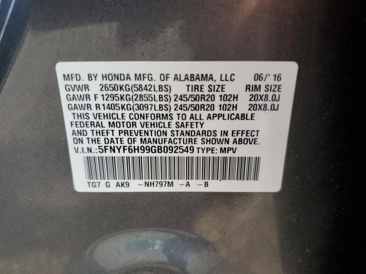 2016 Honda Pilot Touring VIN: 5FNYF6H99GB092549 Lot: 61986124