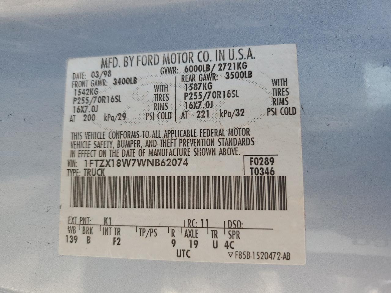 1998 Ford F150 VIN: 1FTZX18W7WNB62074 Lot: 65344834