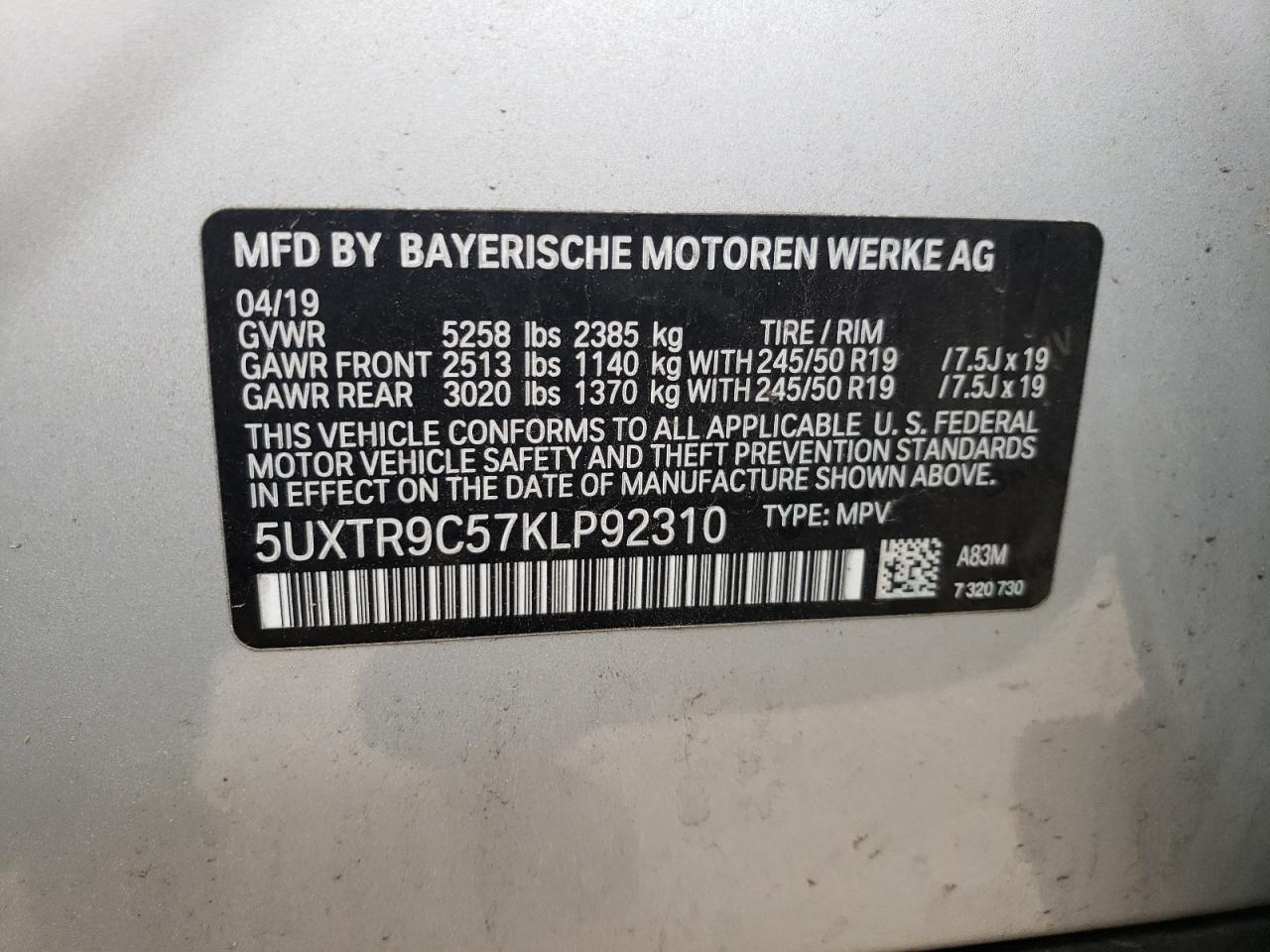 2019 BMW X3 xDrive30I VIN: 5UXTR9C57KLP92310 Lot: 65169394