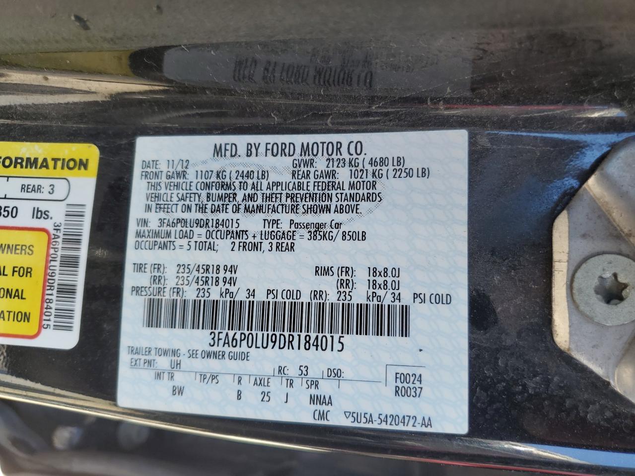 2013 Ford Fusion Se Hybrid VIN: 3FA6P0LU9DR184015 Lot: 63340174