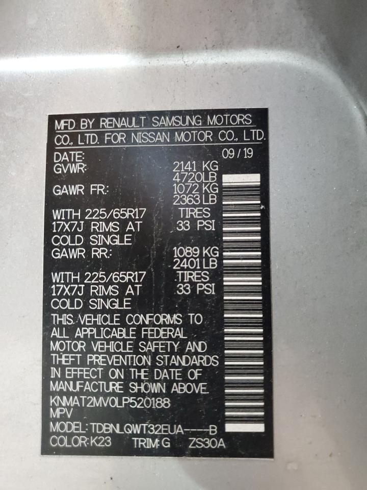 2020 Nissan Rogue S VIN: KNMAT2MV0LP520188 Lot: 63627474