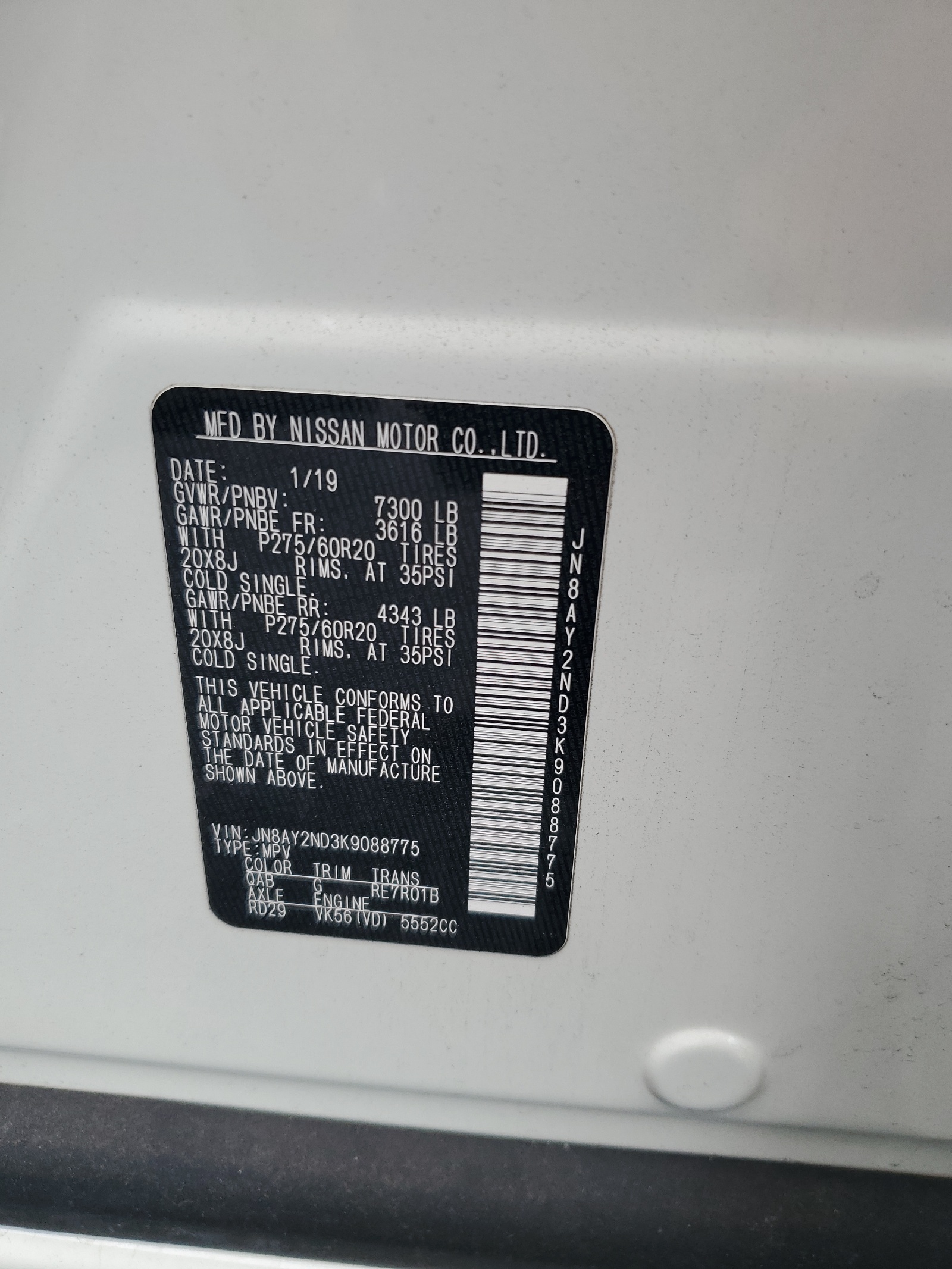 JN8AY2ND3K9088775 2019 Nissan Armada Sv