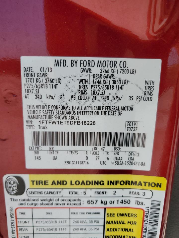 2013 Ford F150 Supercrew VIN: 1FTFW1ET9DFB18228 Lot: 62007694