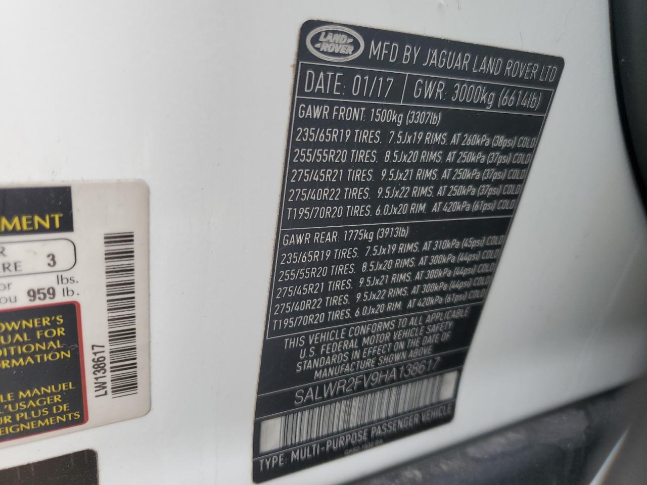 2017 Land Rover Range Rover Sport Hse VIN: SALWR2FV9HA138617 Lot: 63380504