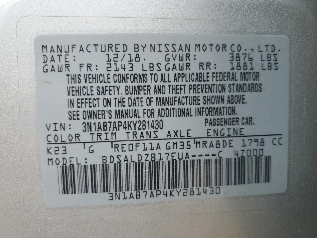 3N1AB7AP4KY281430 2019 Nissan Sentra S