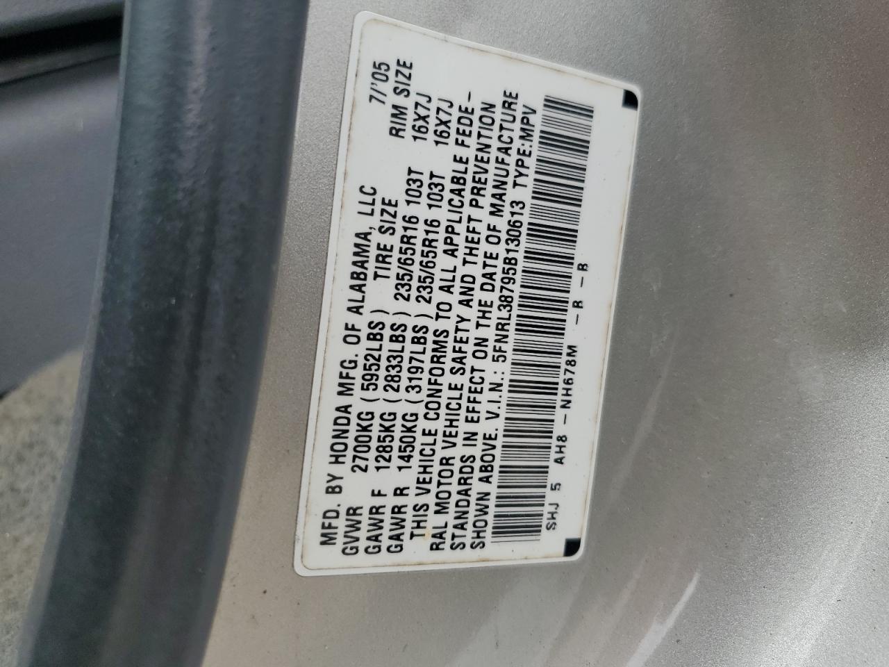 2005 Honda Odyssey Exl VIN: 5FNRL38795B130613 Lot: 62883474