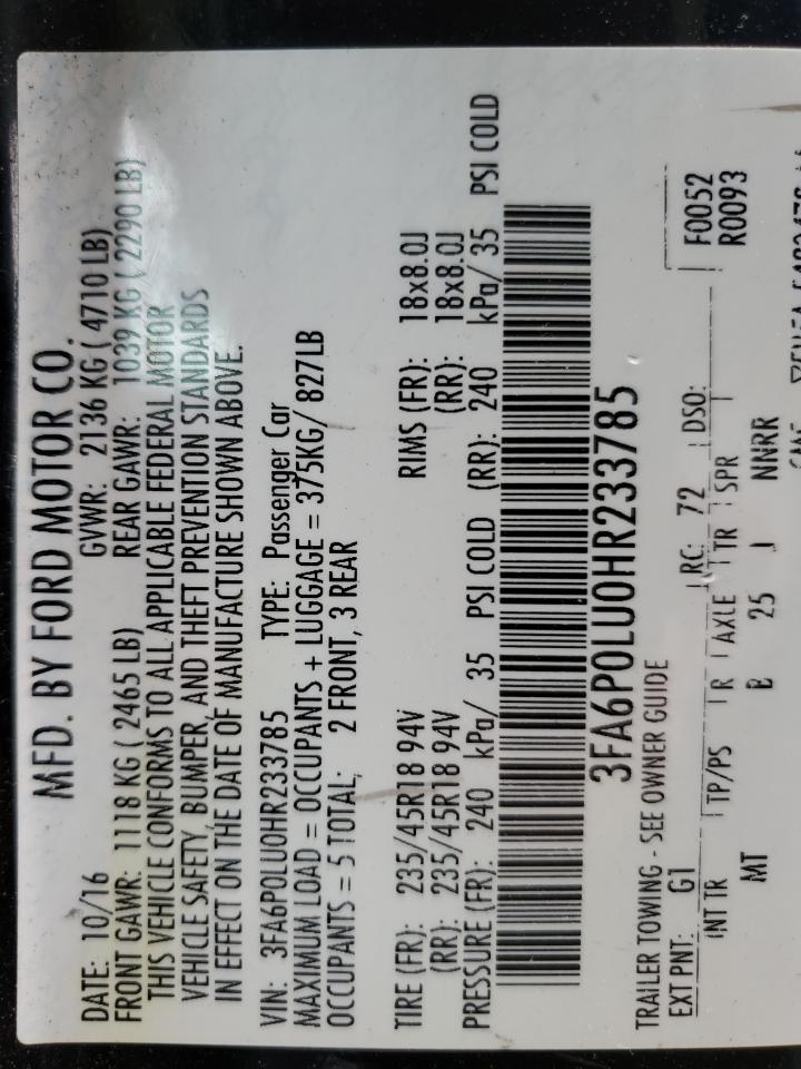 2017 Ford Fusion Se Hybrid VIN: 3FA6P0LU0HR233785 Lot: 61909954