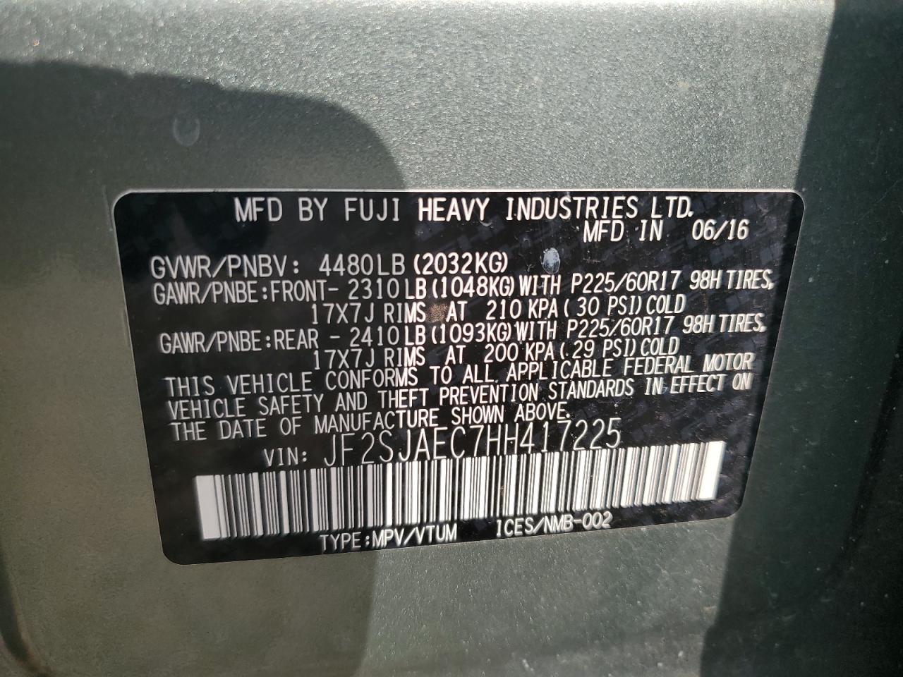 2017 Subaru Forester 2.5I Premium VIN: JF2SJAEC7HH417225 Lot: 63834364