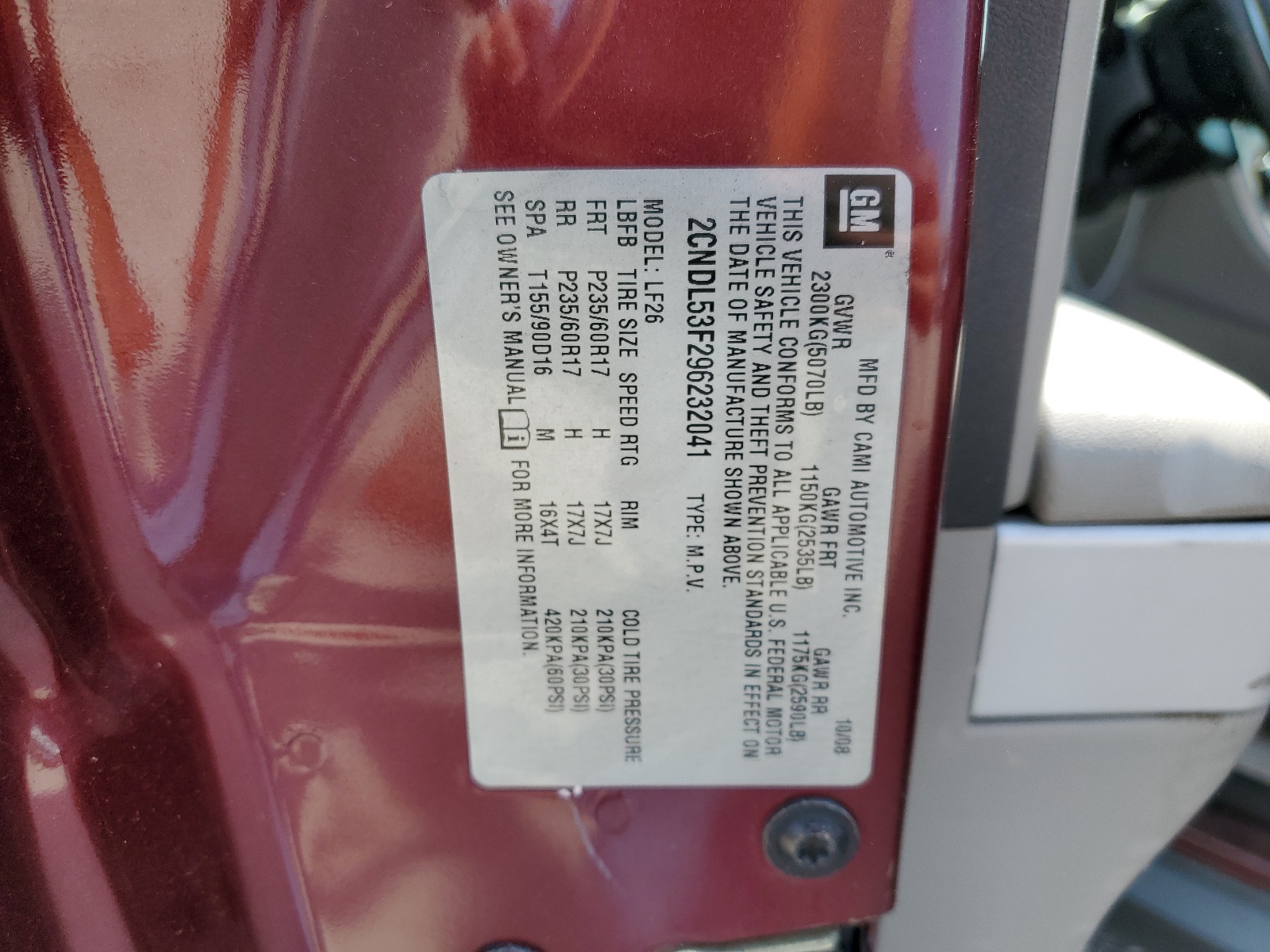 2CNDL53F296232041 2009 Chevrolet Equinox Lt