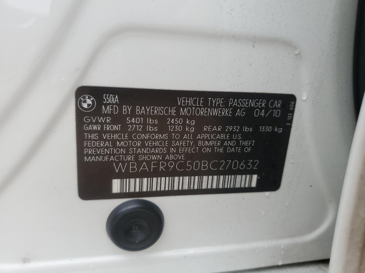 2011 BMW 550 I VIN: WBAFR9C50BC270632 Lot: 63010124