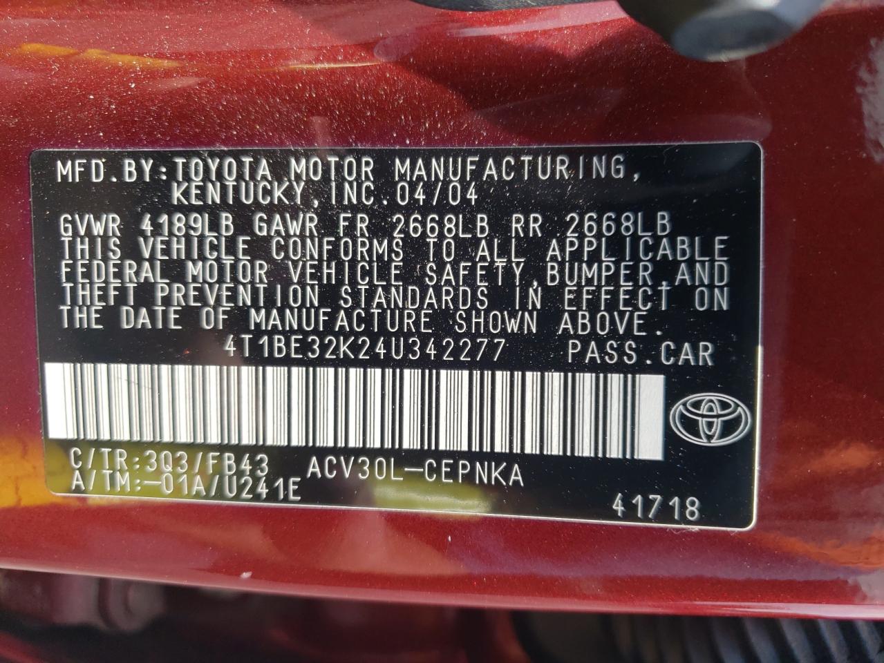 2004 Toyota Camry Le VIN: 4T1BE32K24U342277 Lot: 63891334