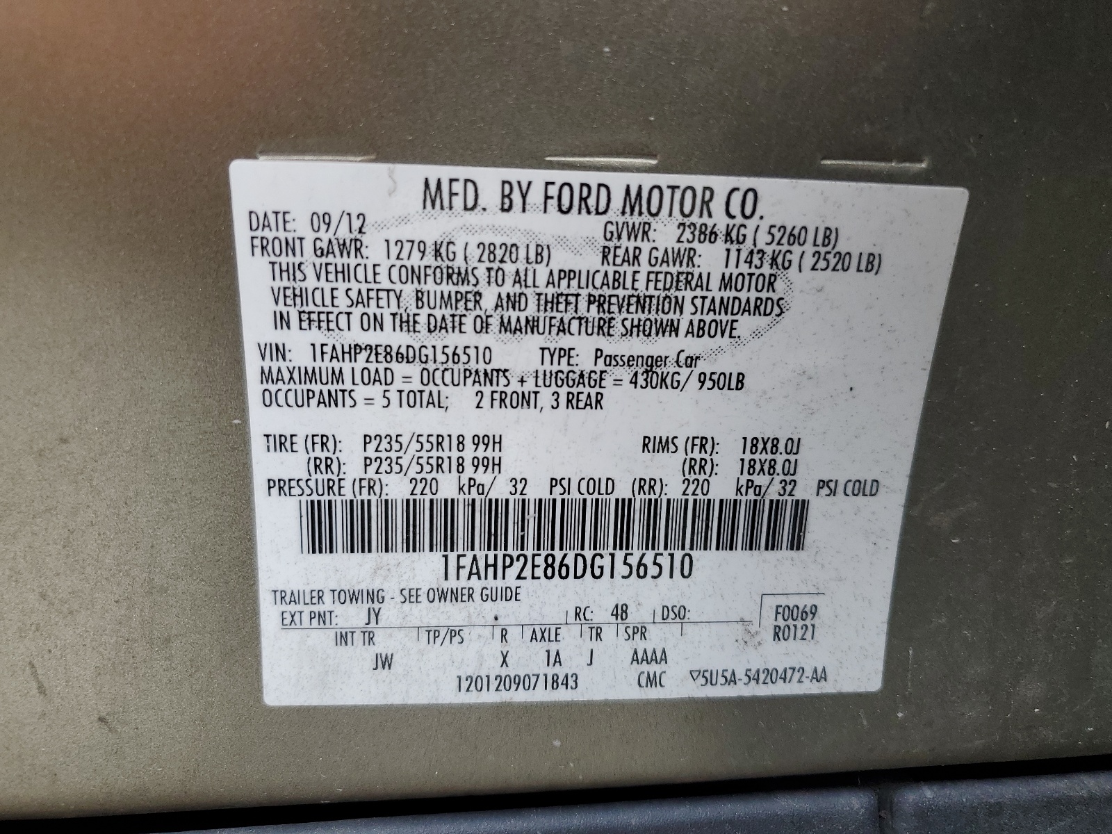 1FAHP2E86DG156510 2013 Ford Taurus Sel