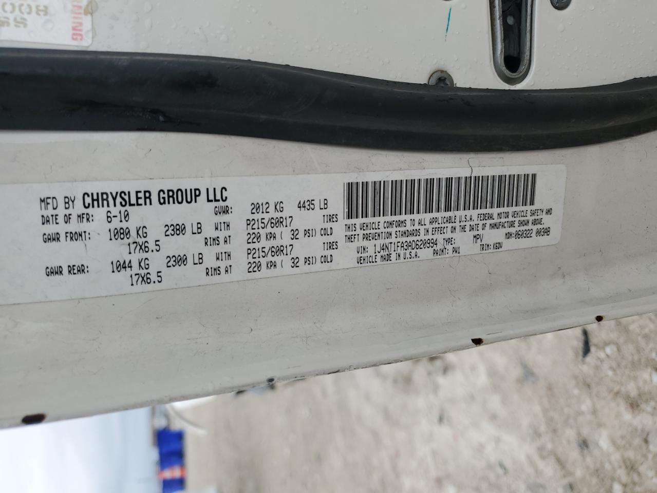 2010 Jeep Compass Sport VIN: 1J4NT1FA3AD620994 Lot: 62259814