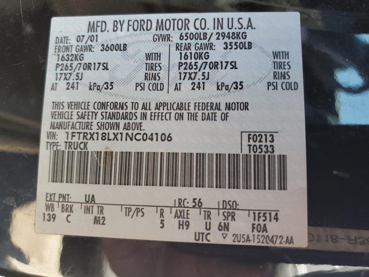 2001 Ford F150 VIN: 1FTRX18LX1NC04106 Lot: 65335004