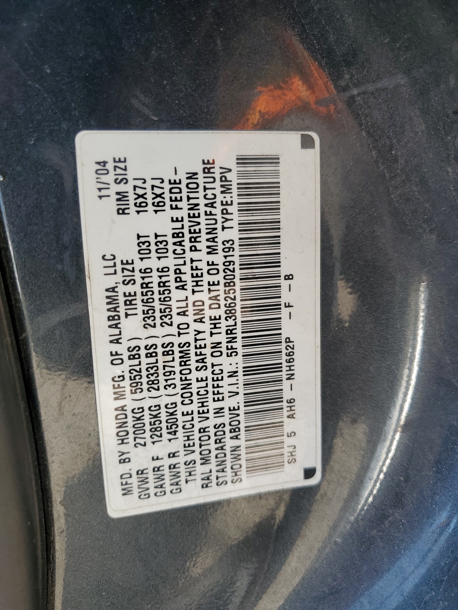 5FNRL38625B029193 2005 Honda Odyssey Exl