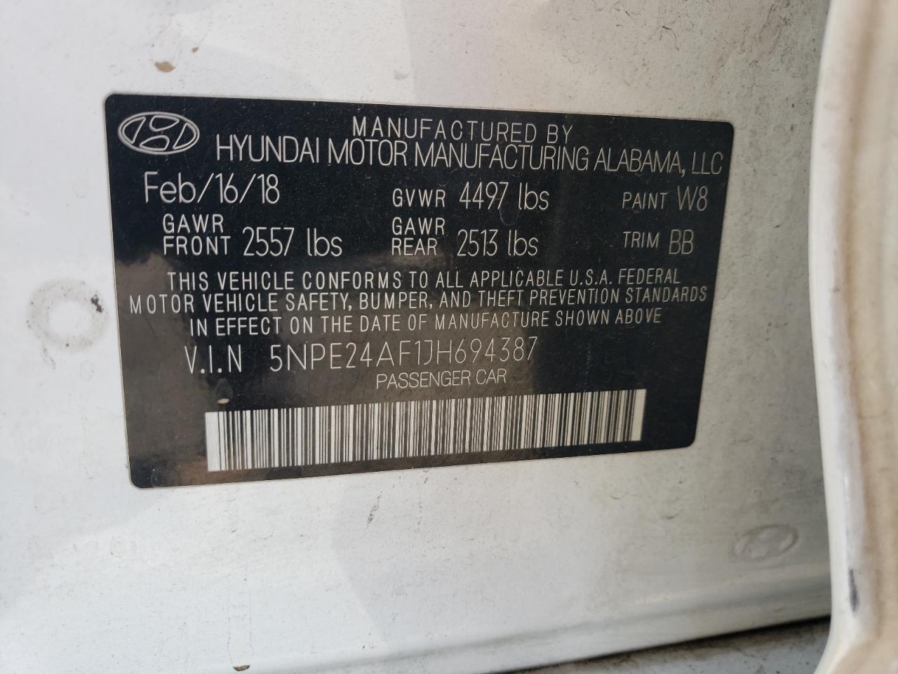 2018 Hyundai Sonata Se VIN: 5NPE24AF1JH694387 Lot: 63825924