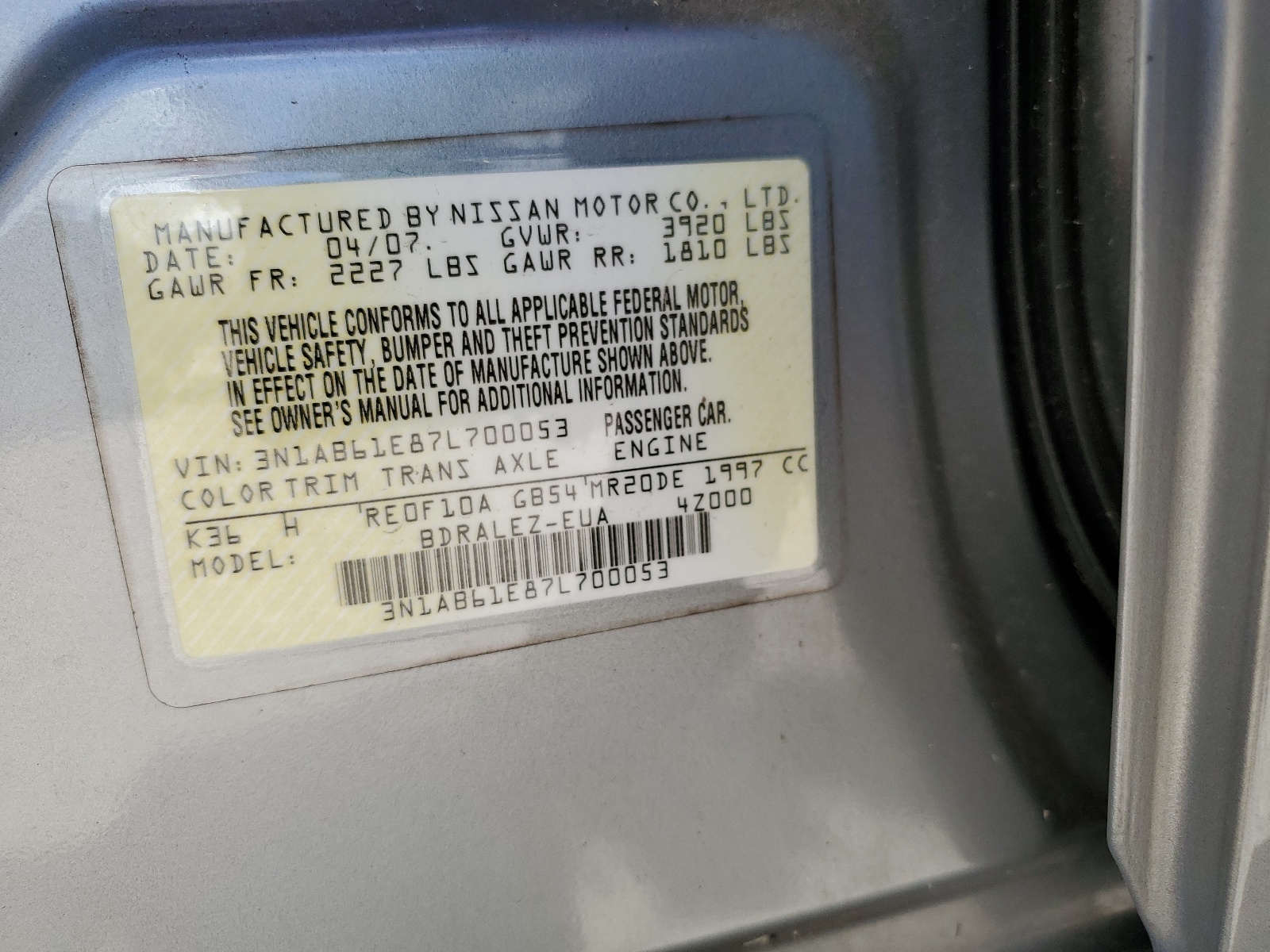 3N1AB61E87L700053 2007 Nissan Sentra 2.0