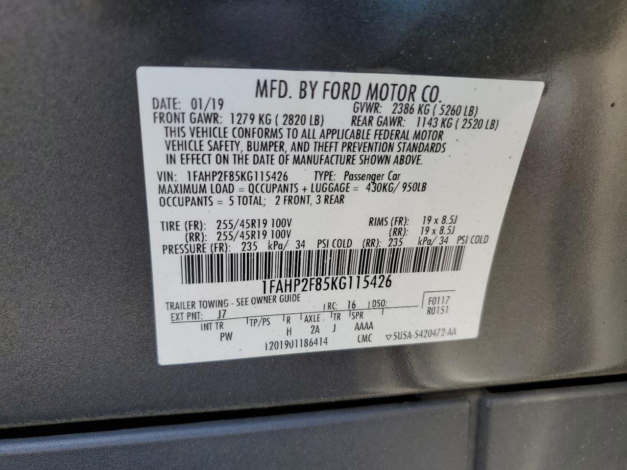 2019 Ford Taurus Limited VIN: 1FAHP2F85KG115426 Lot: 60457324