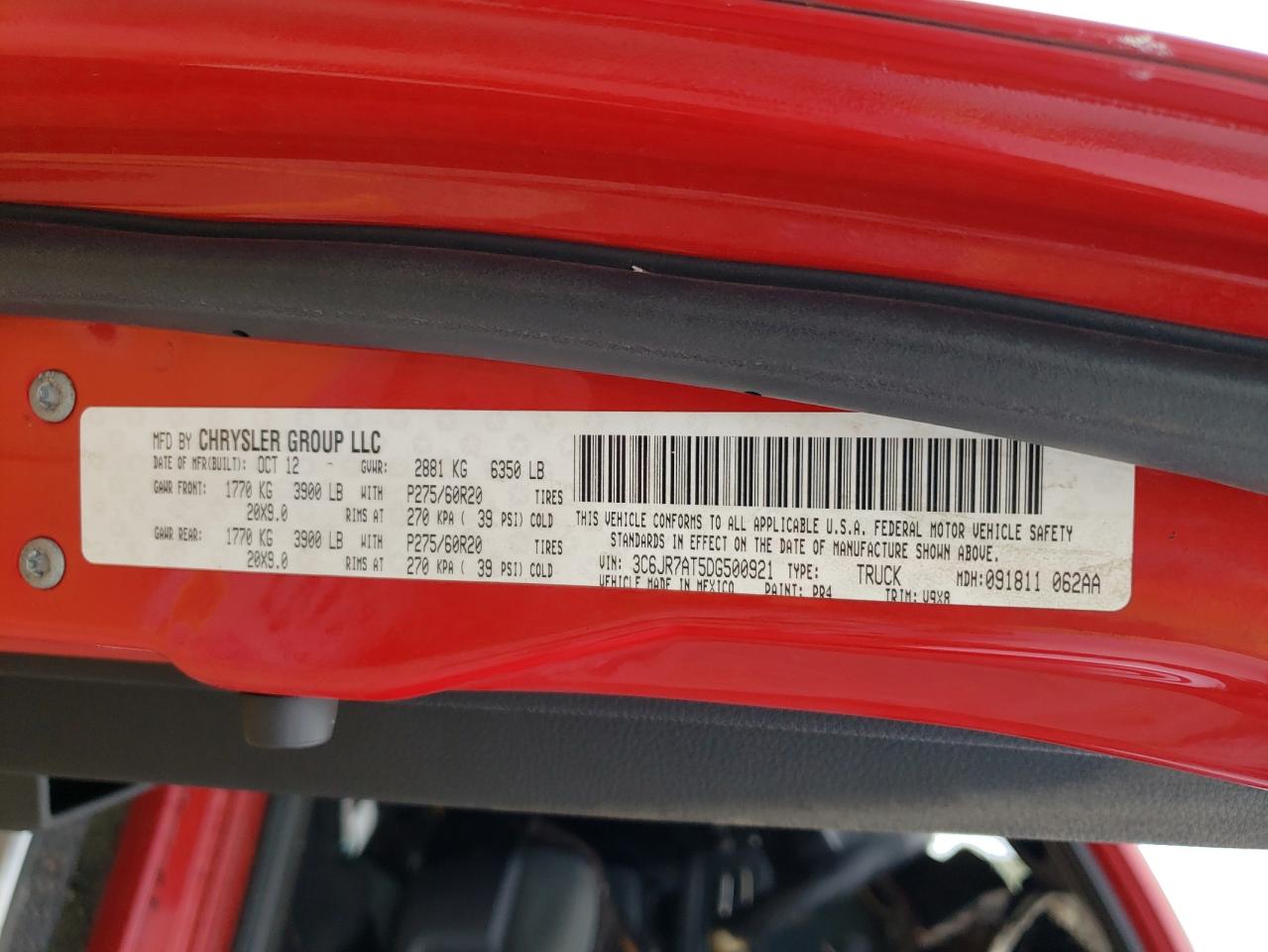 2013 Ram 1500 St VIN: 3C6JR7AT5DG500921 Lot: 64943204