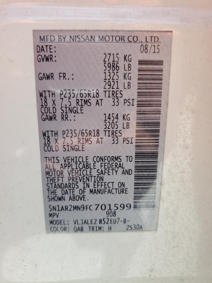 2015 Nissan Pathfinder S VIN: 5N1AR2MN9FC701599 Lot: 64169674