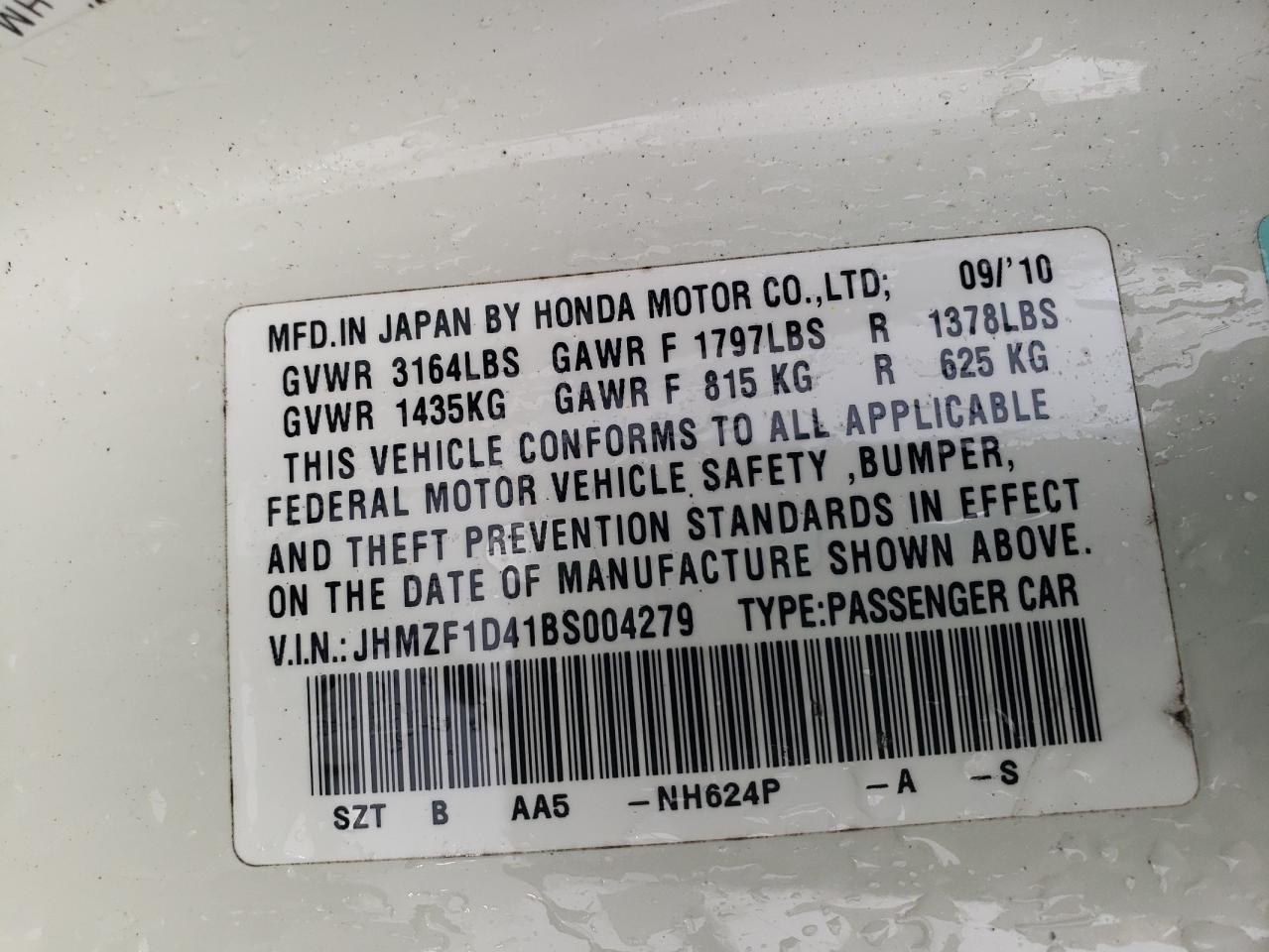 2011 Honda Cr-Z VIN: JHMZF1D41BS004279 Lot: 65029004