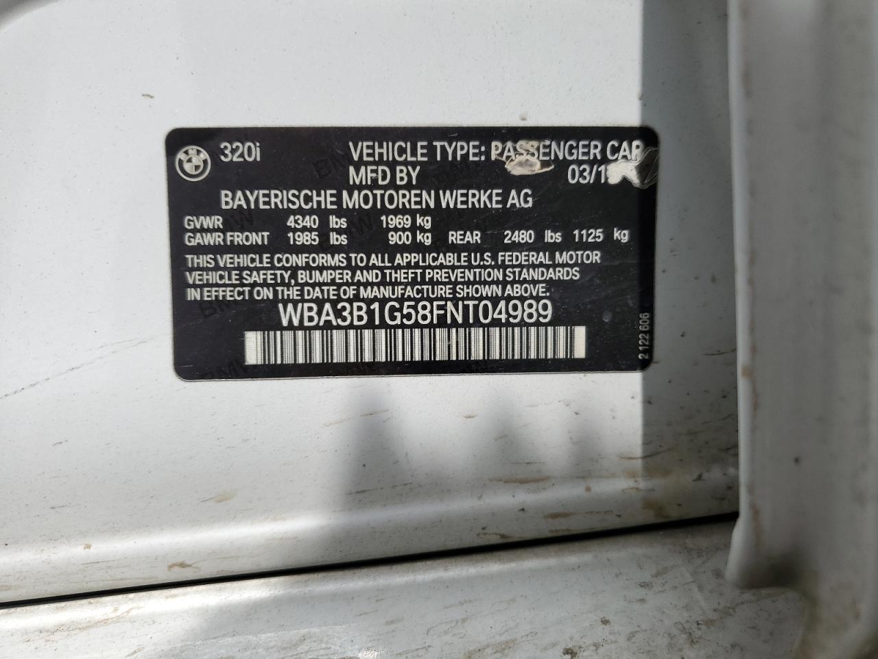 2015 BMW 320 I VIN: WBA3B1G58FNT04989 Lot: 65377214