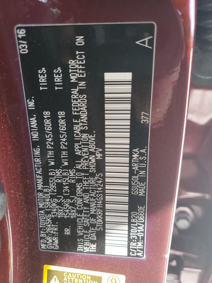 2016 Toyota Highlander Xle VIN: 5TDKKRFH4GS142475 Lot: 64811684