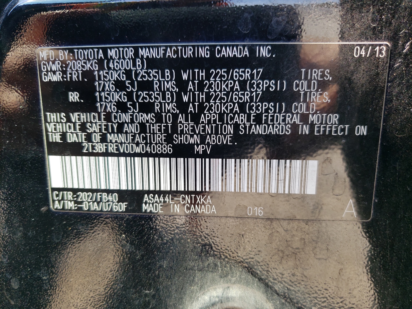 2T3BFREV0DW040886 2013 Toyota Rav4 Le