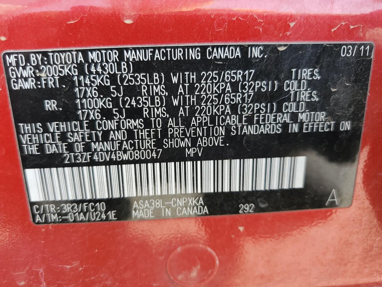 2011 Toyota Rav4 VIN: 2T3ZF4DV4BW080047 Lot: 64424934