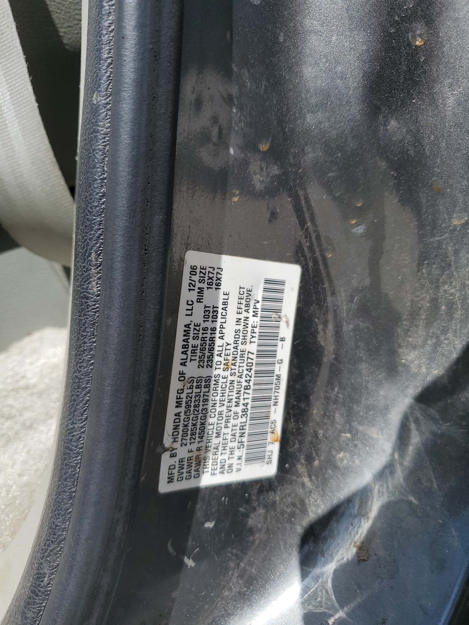 5FNRL38417B424077 2007 Honda Odyssey Ex