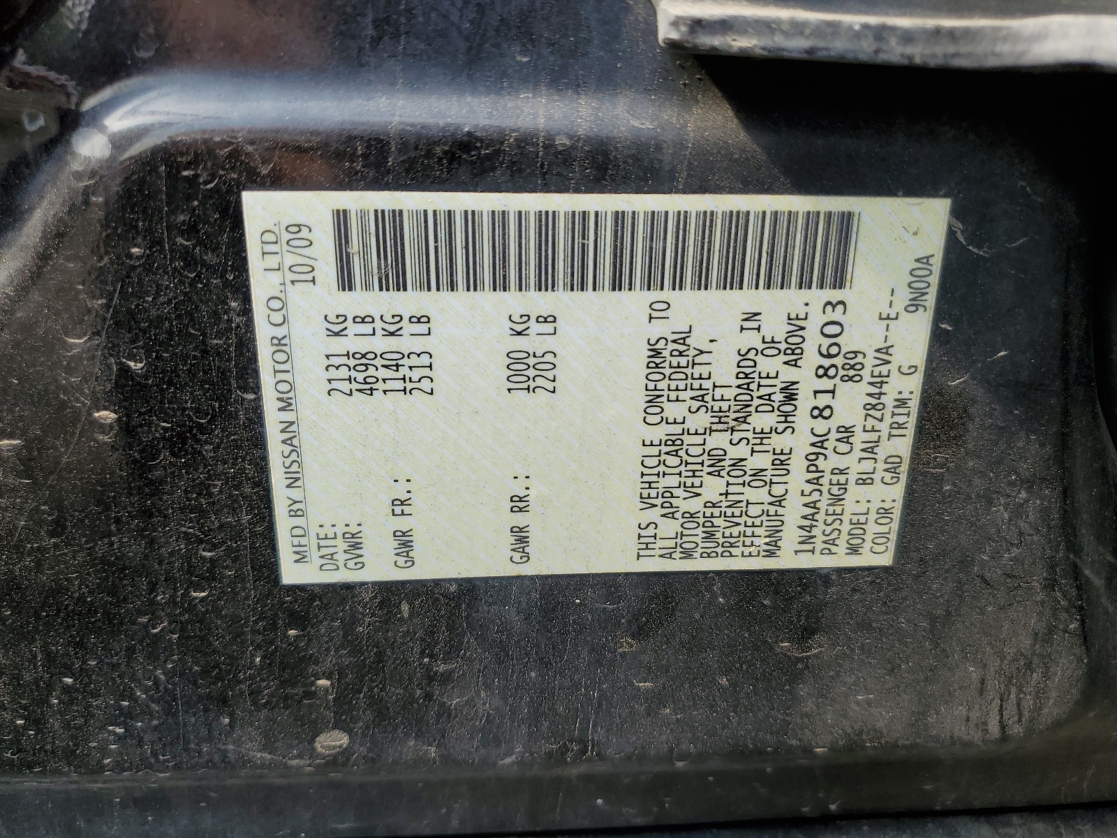 1N4AA5AP9AC818603 2010 Nissan Maxima S